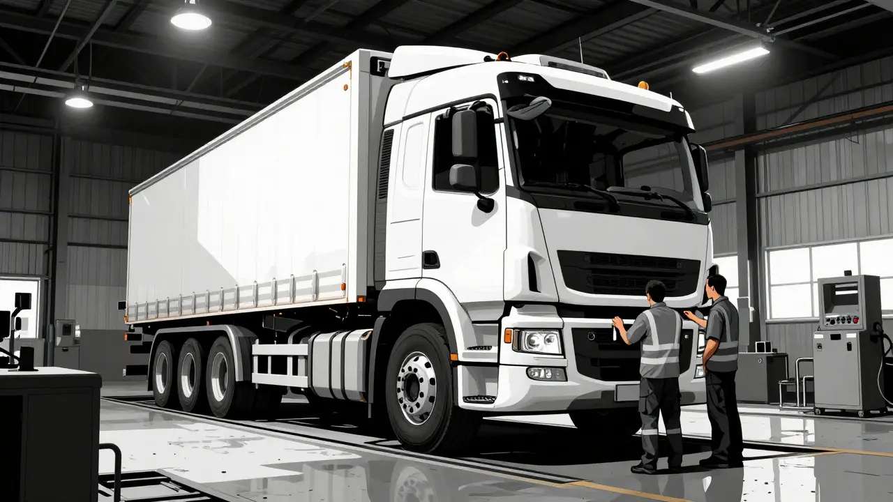 Heavy commercial truck being inspected in a large industrial bay