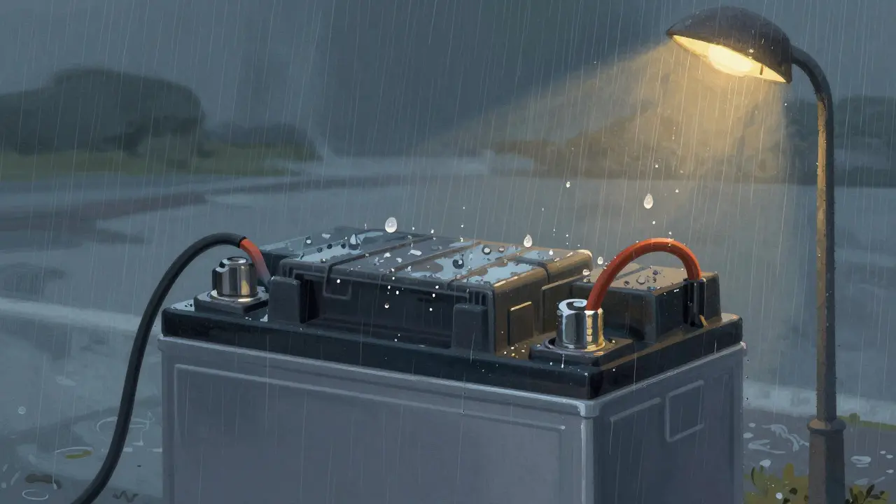 Illustration of a car battery getting rained on, showing climate effects