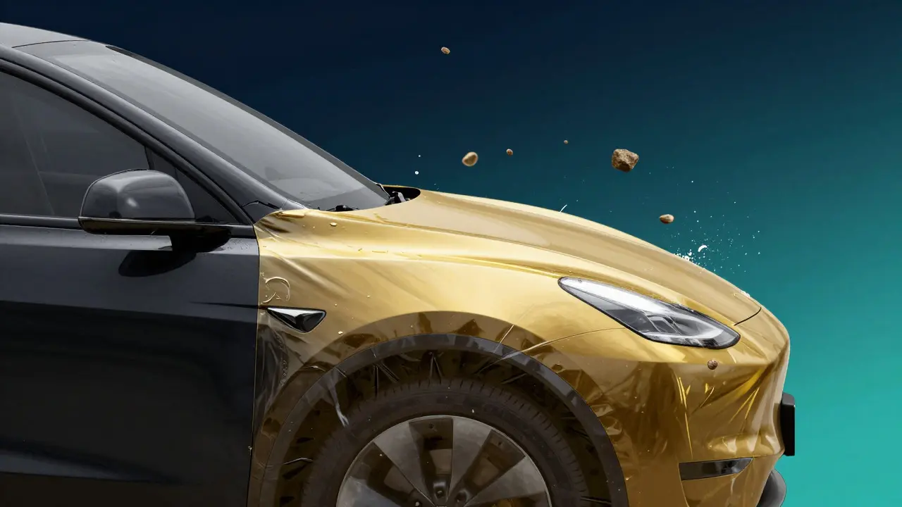 Illustration of protective film shielding a car from rock chips and weather