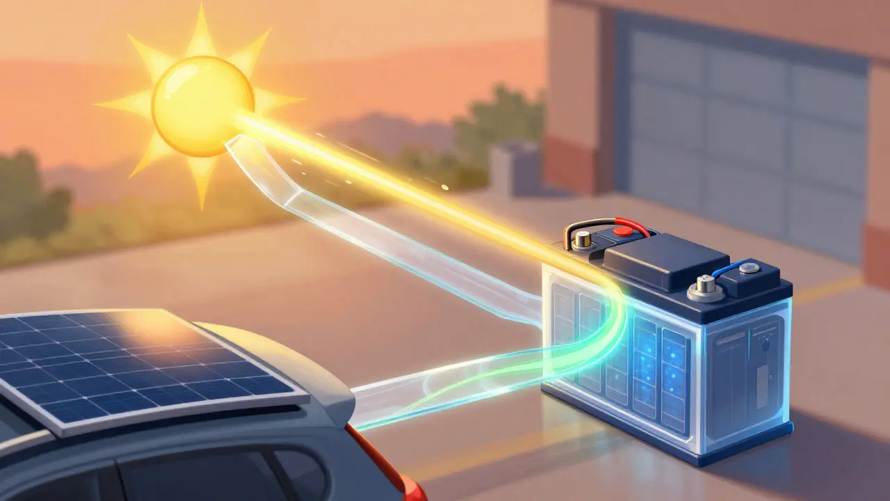 Illustration of solar energy flowing into a car battery to maintain charge