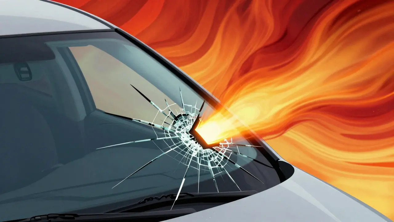 Illustration showing how heat causes a small windshield chip to expand into a large crack.