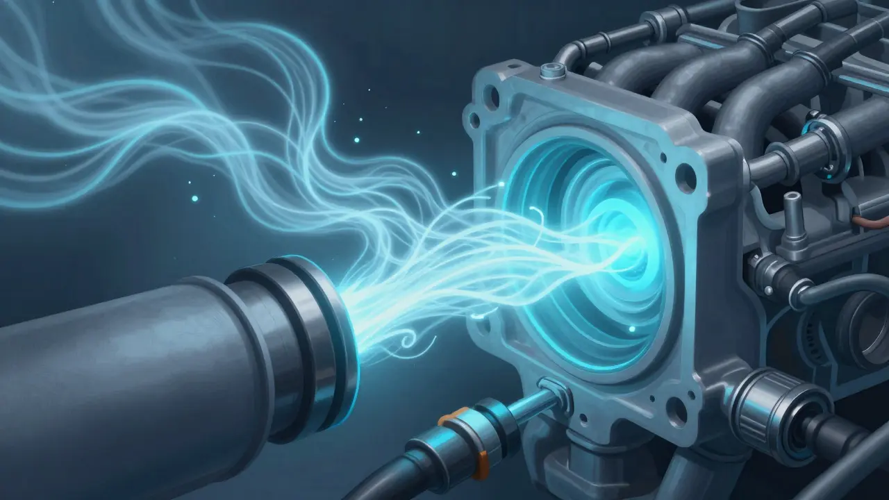 Illustration showing invisible air leaks entering engine cylinders as glowing blue wisps