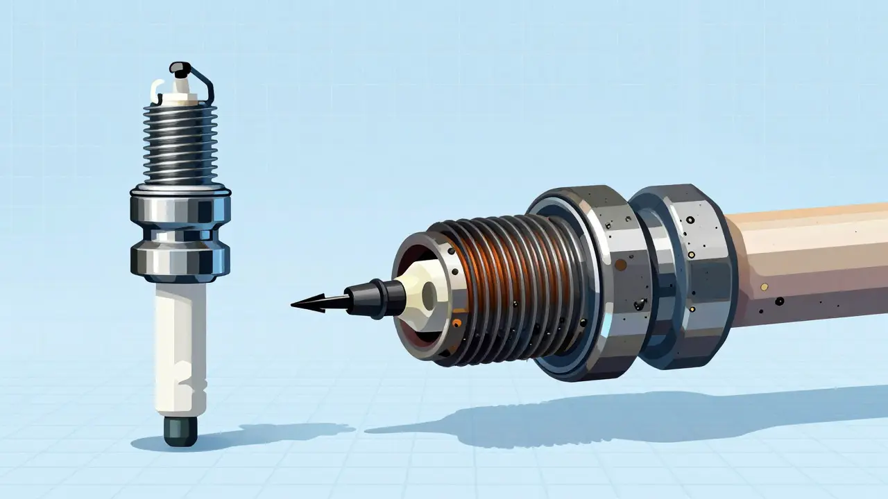 Illustration showing spark plug electrode erosion and carbon buildup over time