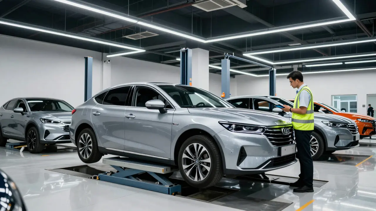 Inspector examining a silver sedan on a lift in a Dubai testing center
