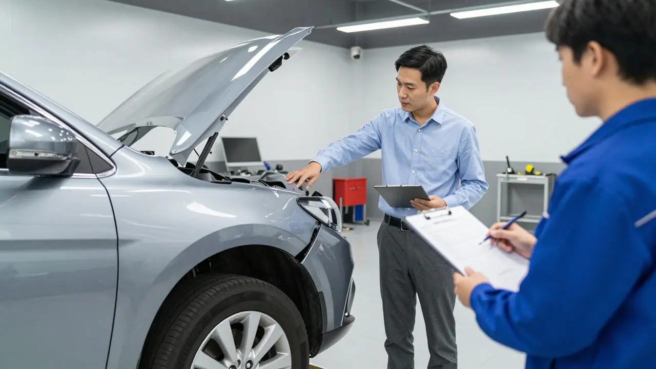 Insurance adjuster inspecting a damaged car with a mechanic in a repair shop