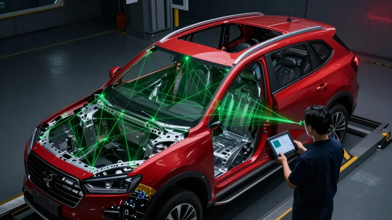 Laser measuring system scanning vehicle frame for structural integrity