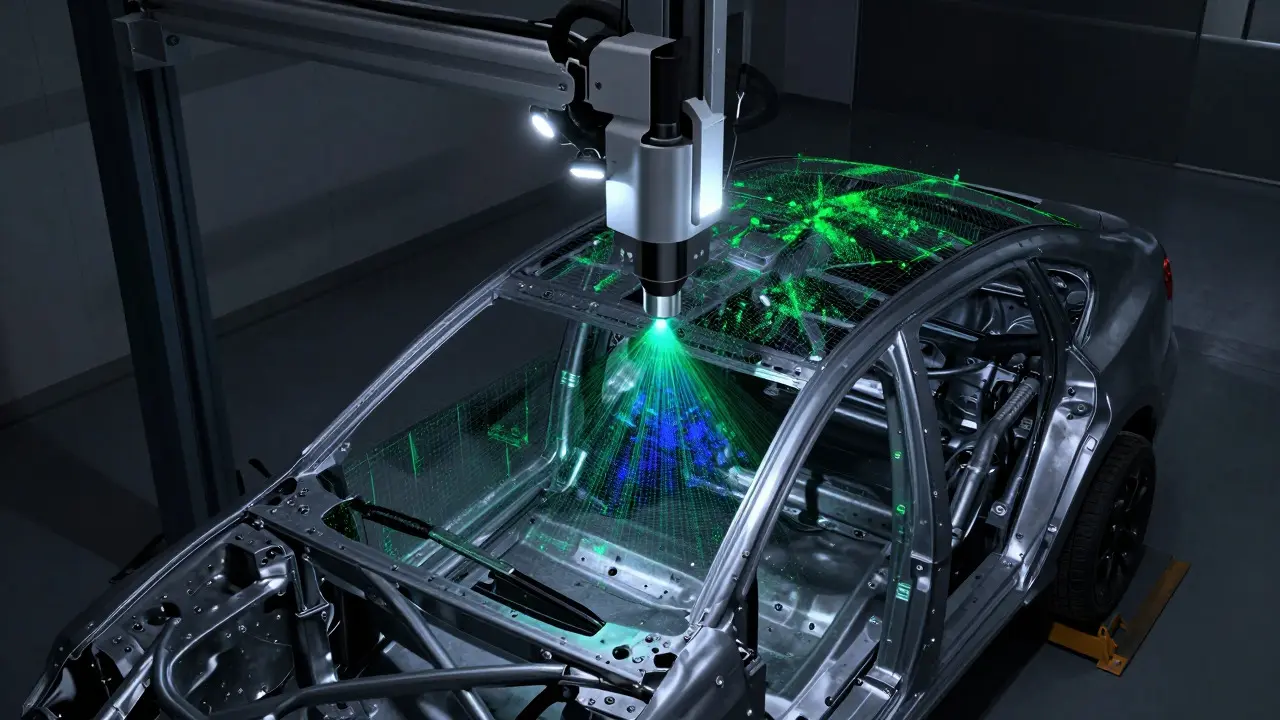 Laser scanner projecting data points onto a car chassis for digital measurement