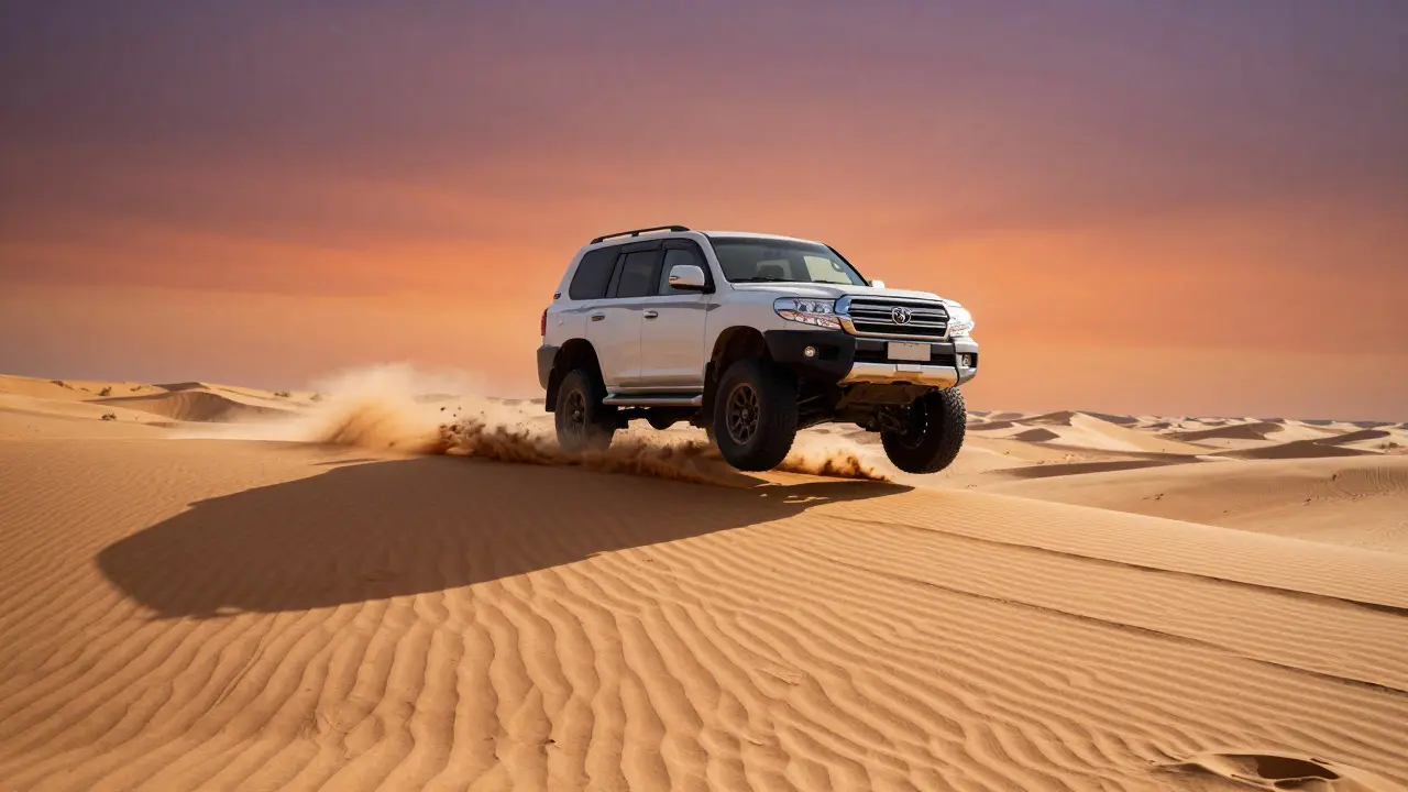 Lifted SUV jumping over a large sand dune in the desert at sunset