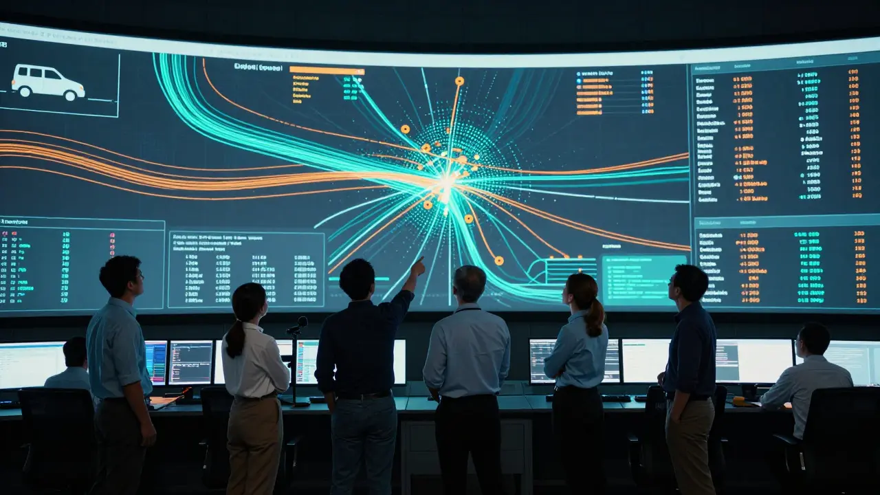 Logistics managers analyzing fleet performance data on a large screen