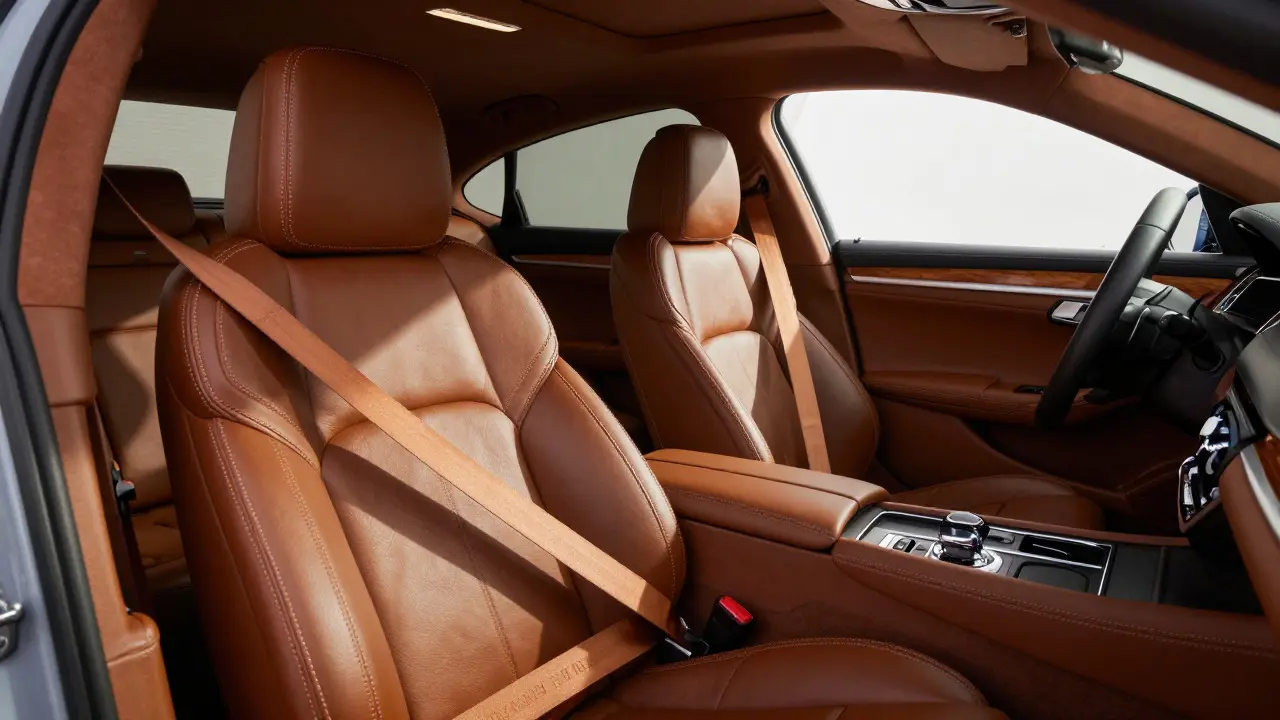 Luxury car interior with matching tan leather seats and custom seat belts