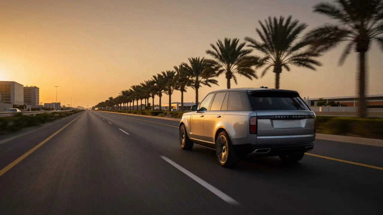 Luxury SUV driving fast on Sheikh Zayed Road during sunset