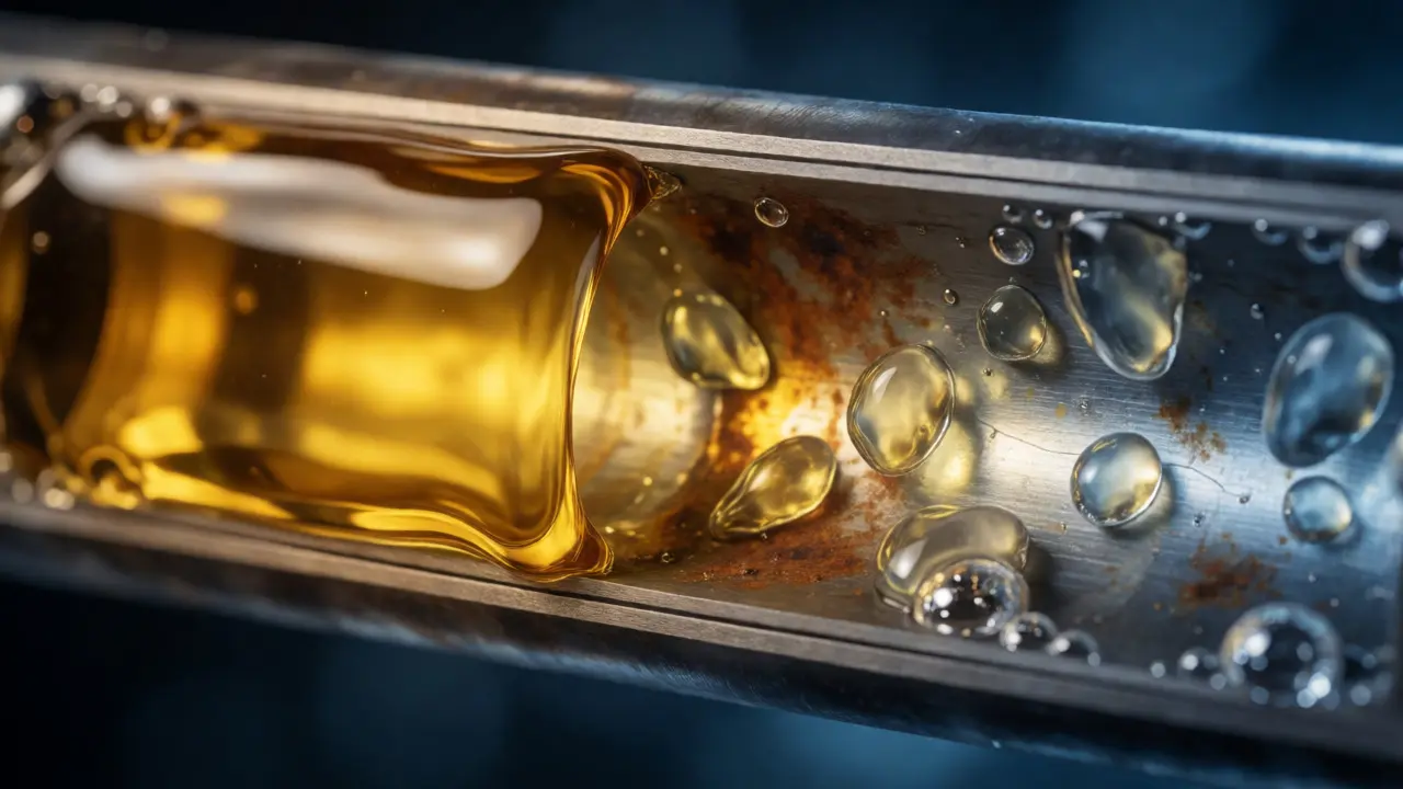 Macro view of brake fluid and water droplets causing internal corrosion in line