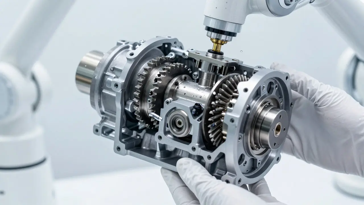 Macro view of intricate dual-clutch transmission components and sensors