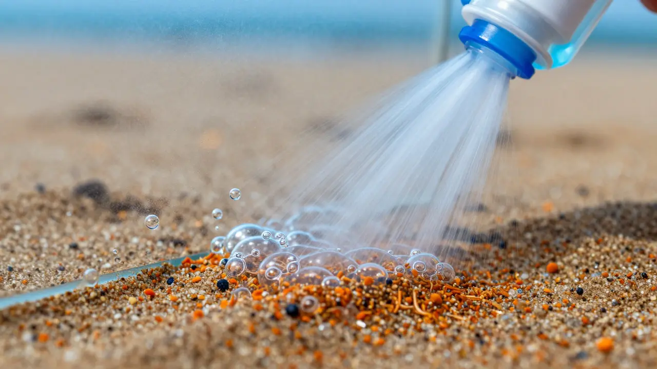 Macro view of washer fluid lifting sand particles off a glass surface