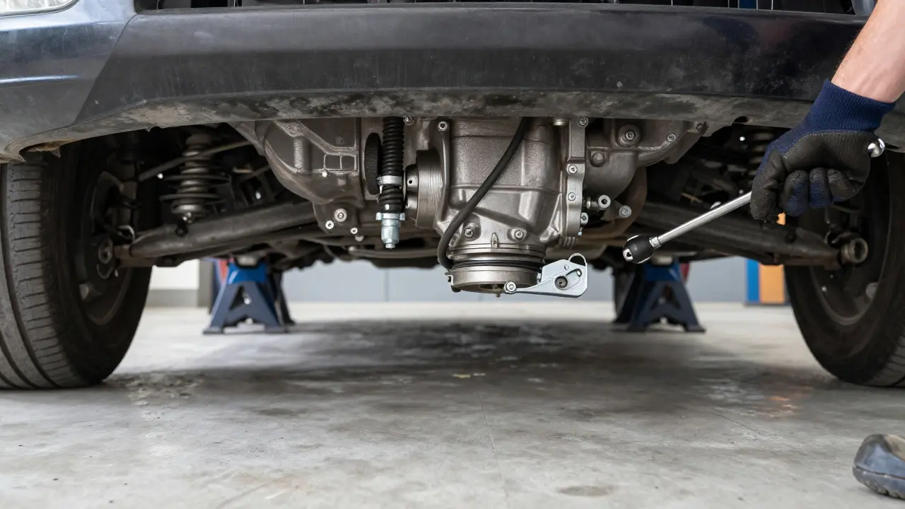 Mechanic adjusting the shifter cable bracket under a lifted car in a garage