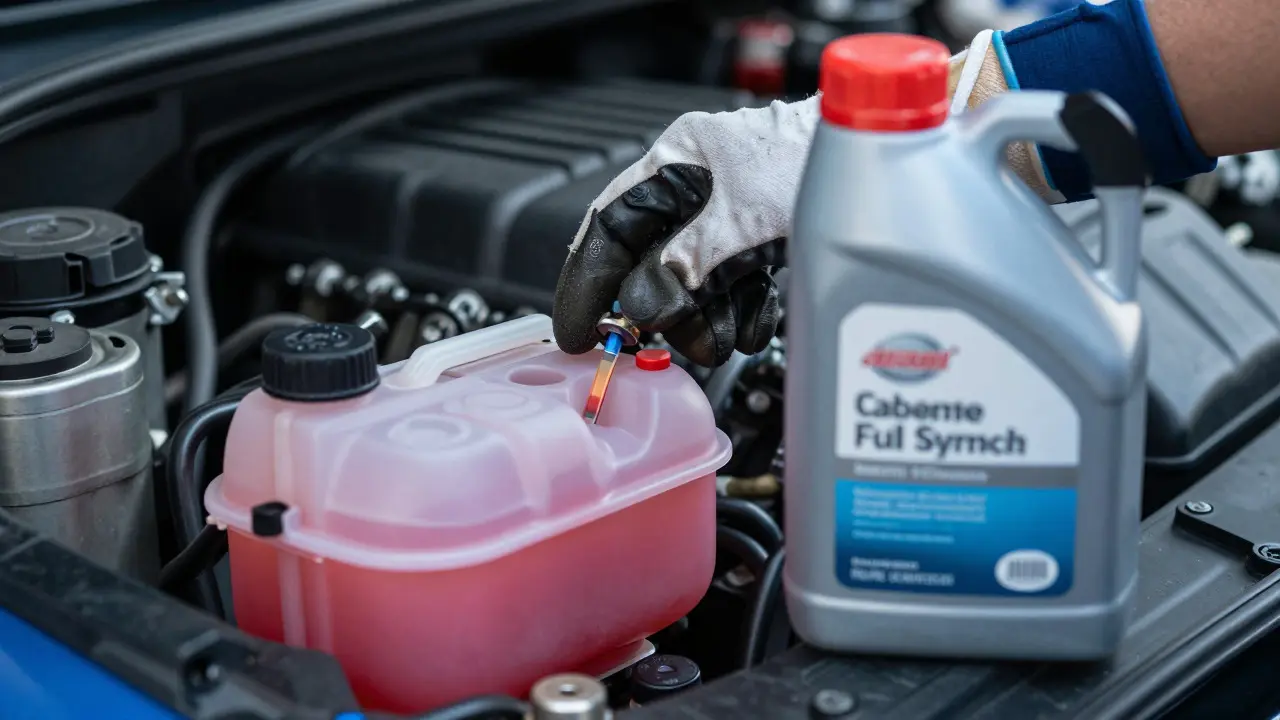 Mechanic checking pink coolant and synthetic oil in a car engine bay