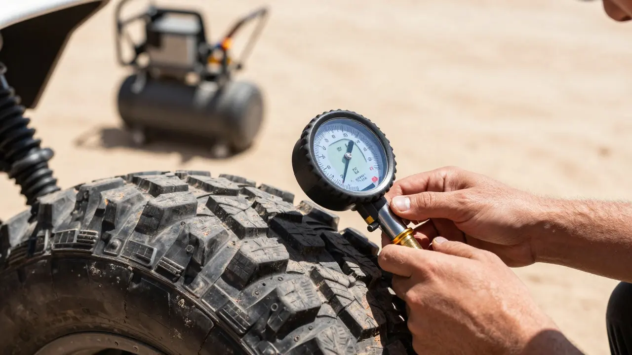 Mechanic checking tire pressure with a gauge on a dusty off-road tire