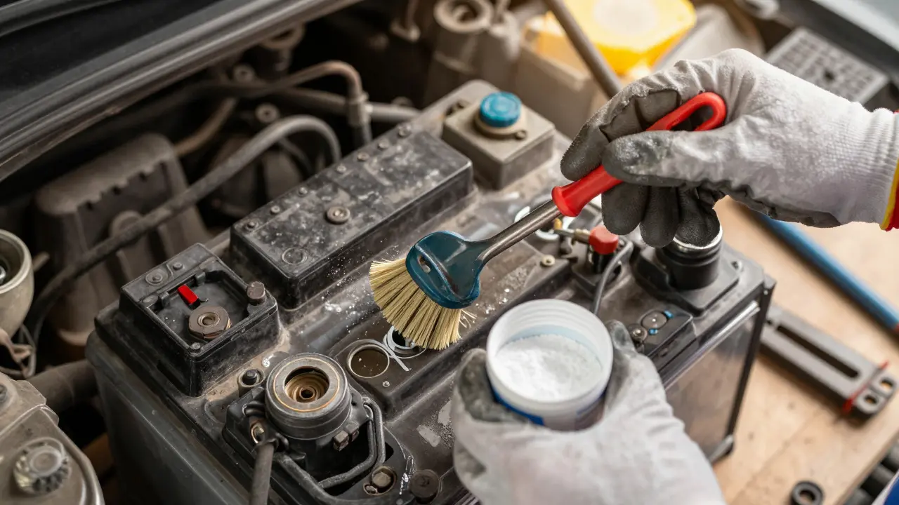 Mechanic cleaning corroded battery terminals with a wire brush and solution