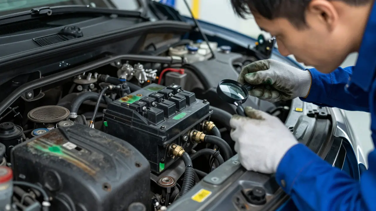Mechanic examining green oxidation and rust on a car's engine bay fuse box and firewall.