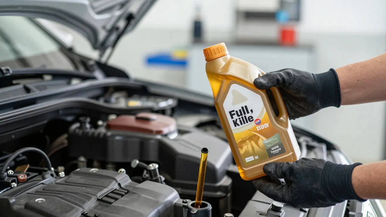 Mechanic holding synthetic oil bottle and dipstick in a garage