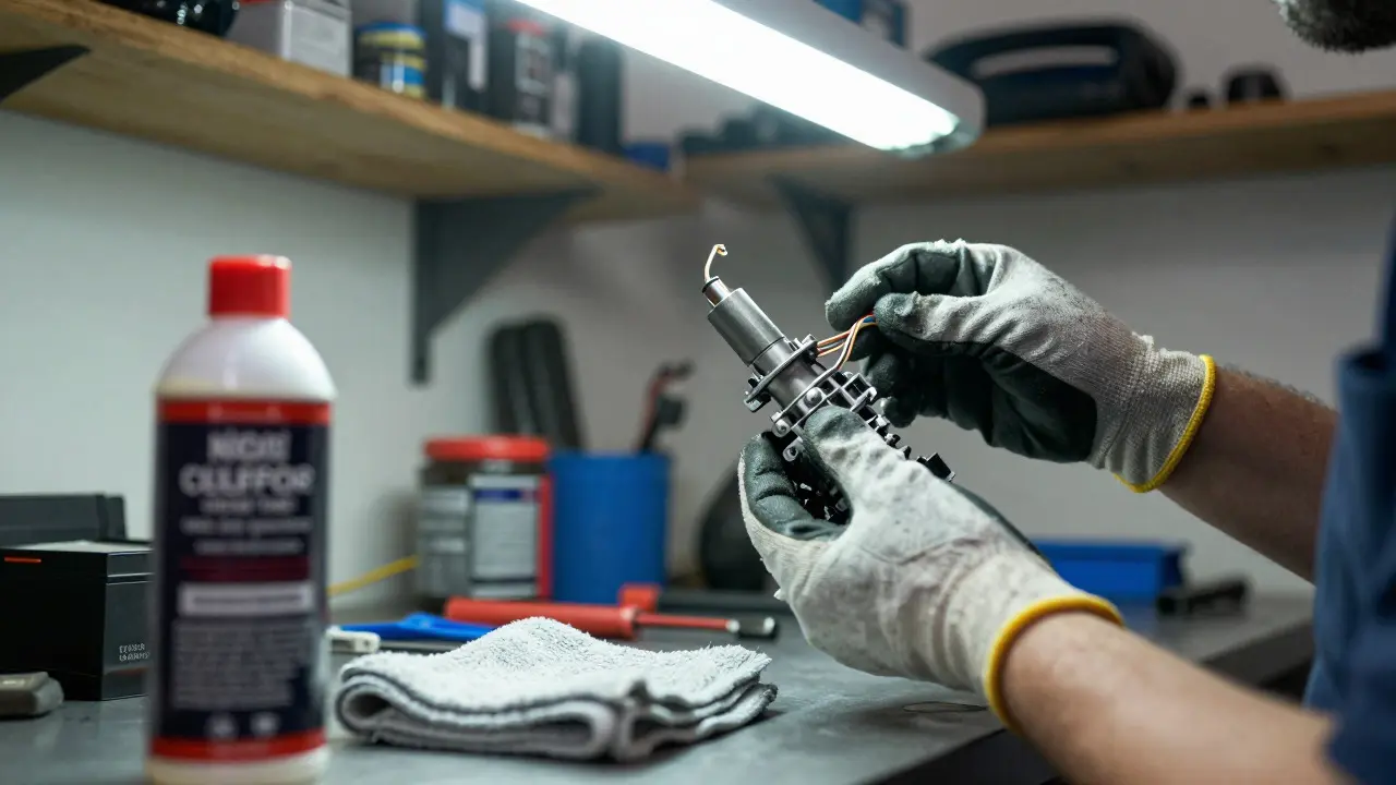 Mechanic inspecting a removed MAF sensor with cleaning supplies in a garage