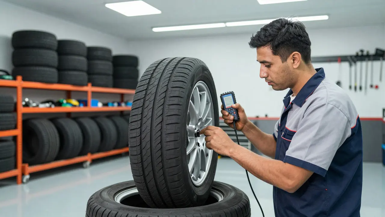 Mechanic inspecting a tire with a pressure gauge in a modern auto repair shop