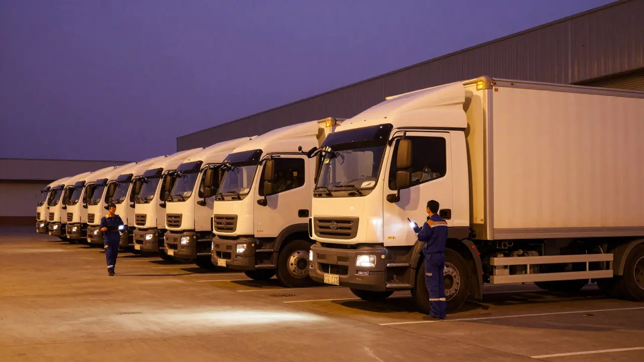 Mechanic inspecting a truck in a logistics yard at dusk