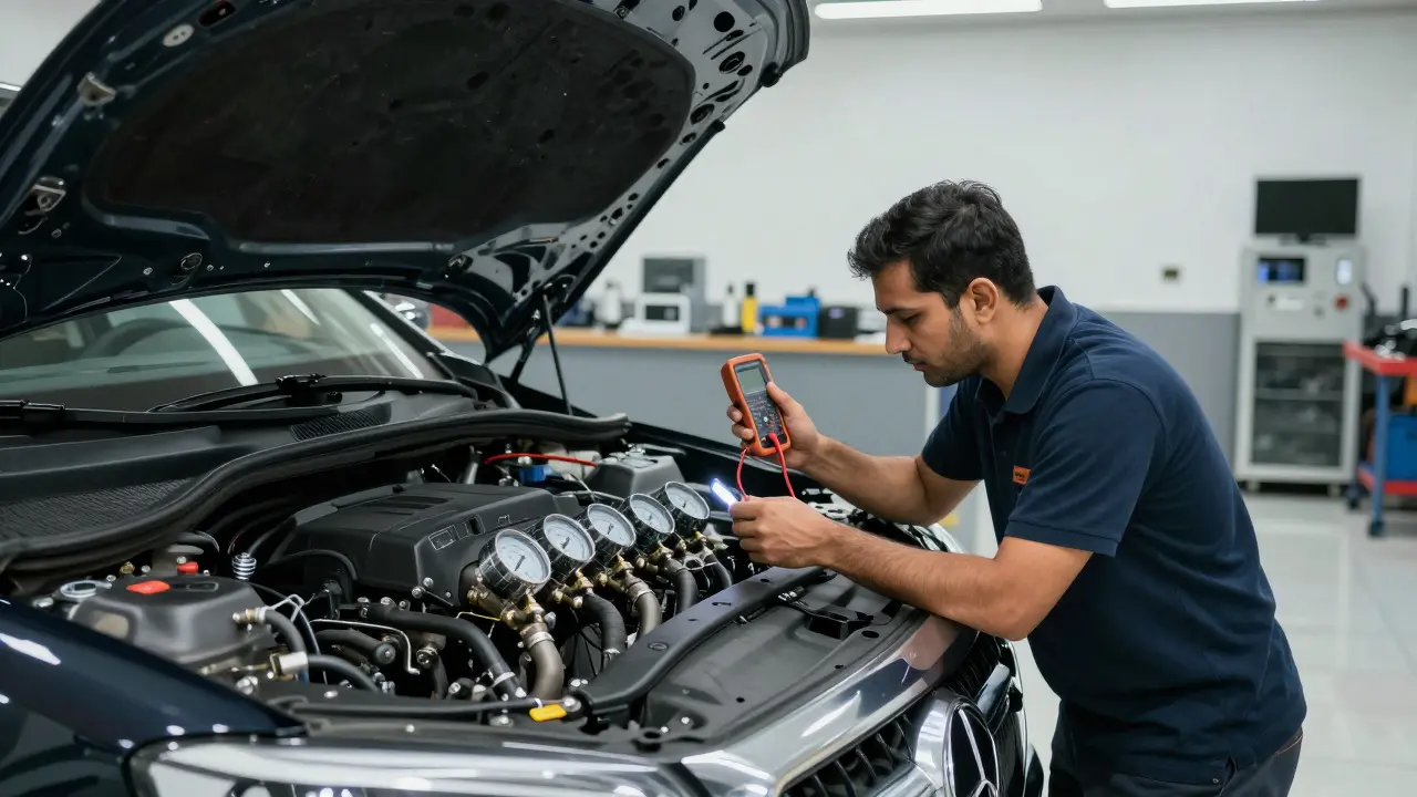 Mechanic inspecting AC pressure gauges on a luxury car in a professional repair shop