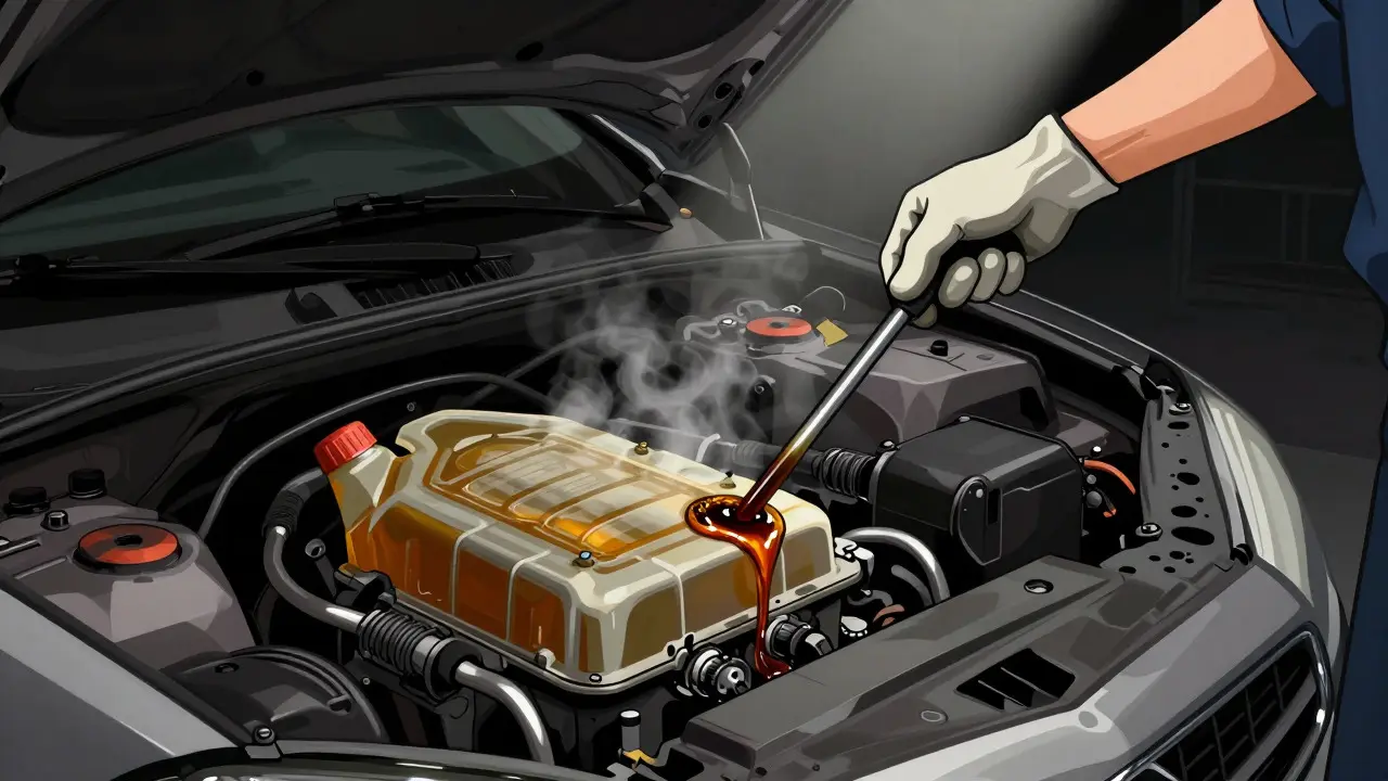 Mechanic inspecting dark oil on a dipstick under a car hood