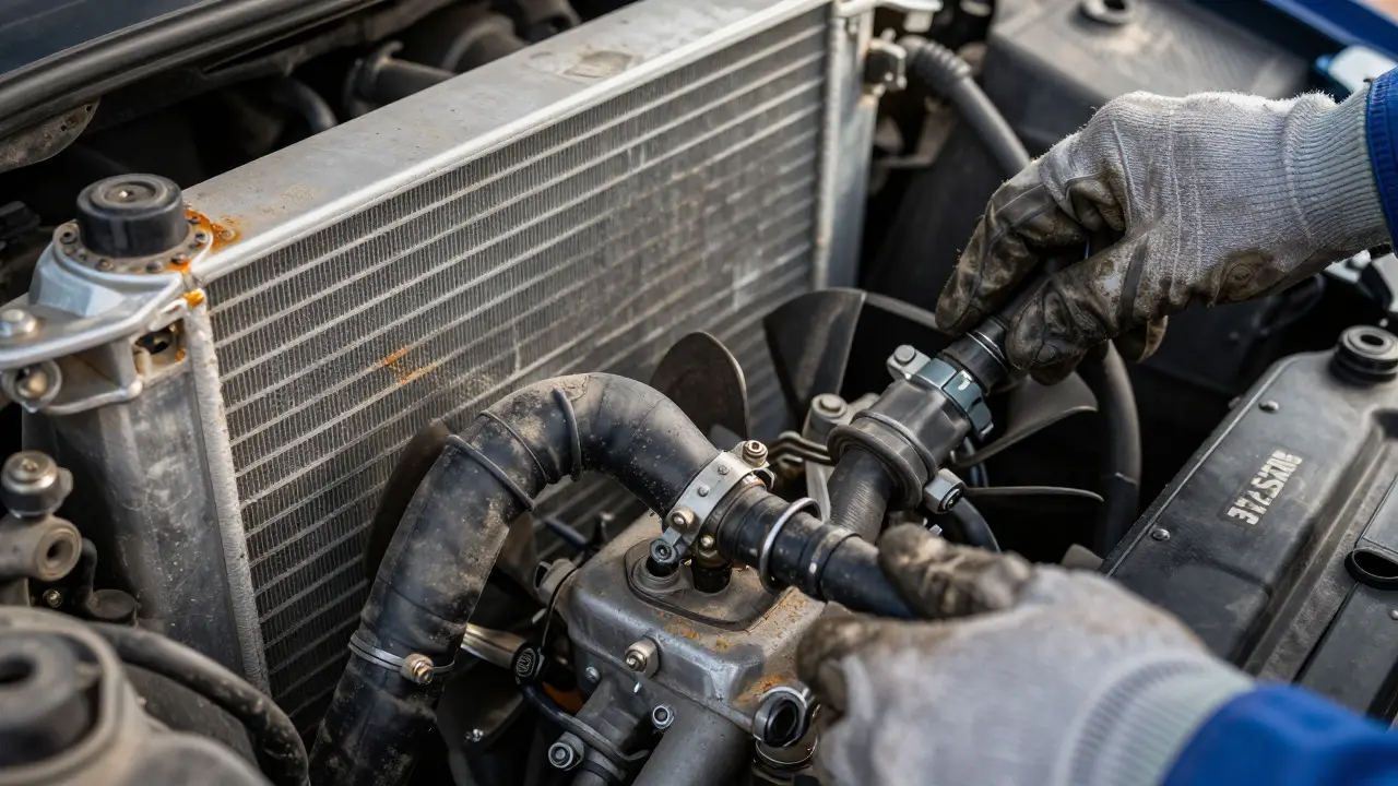 Mechanic inspecting dusty radiator hoses and cooling system components in a car engine bay