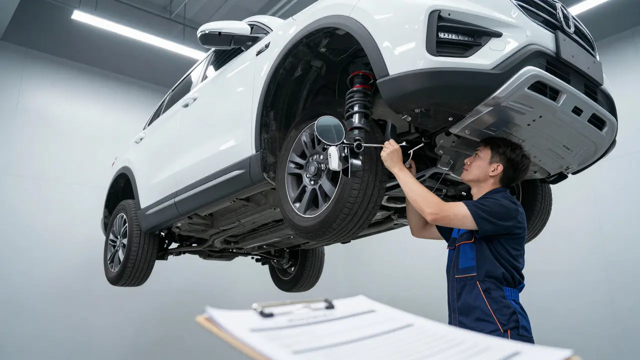Mechanic inspecting undercarriage of lifted SUV in body shop