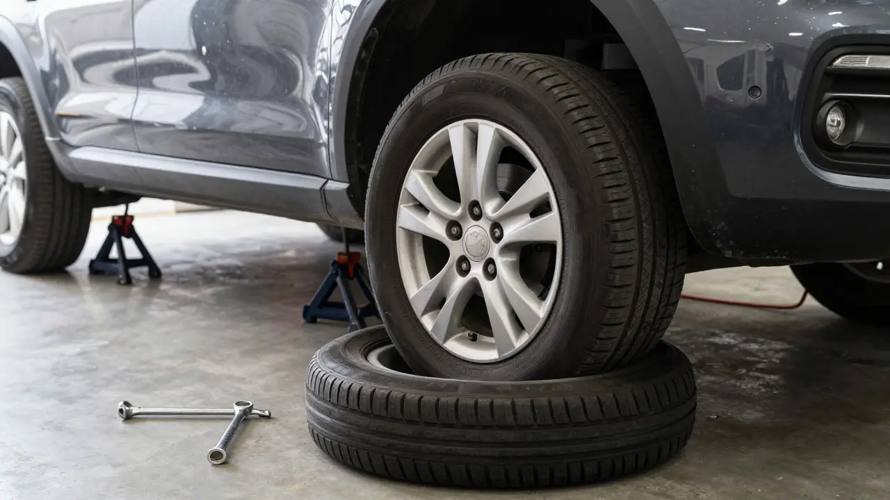 Mechanic rotating car tires using jack stands and tools in a garage