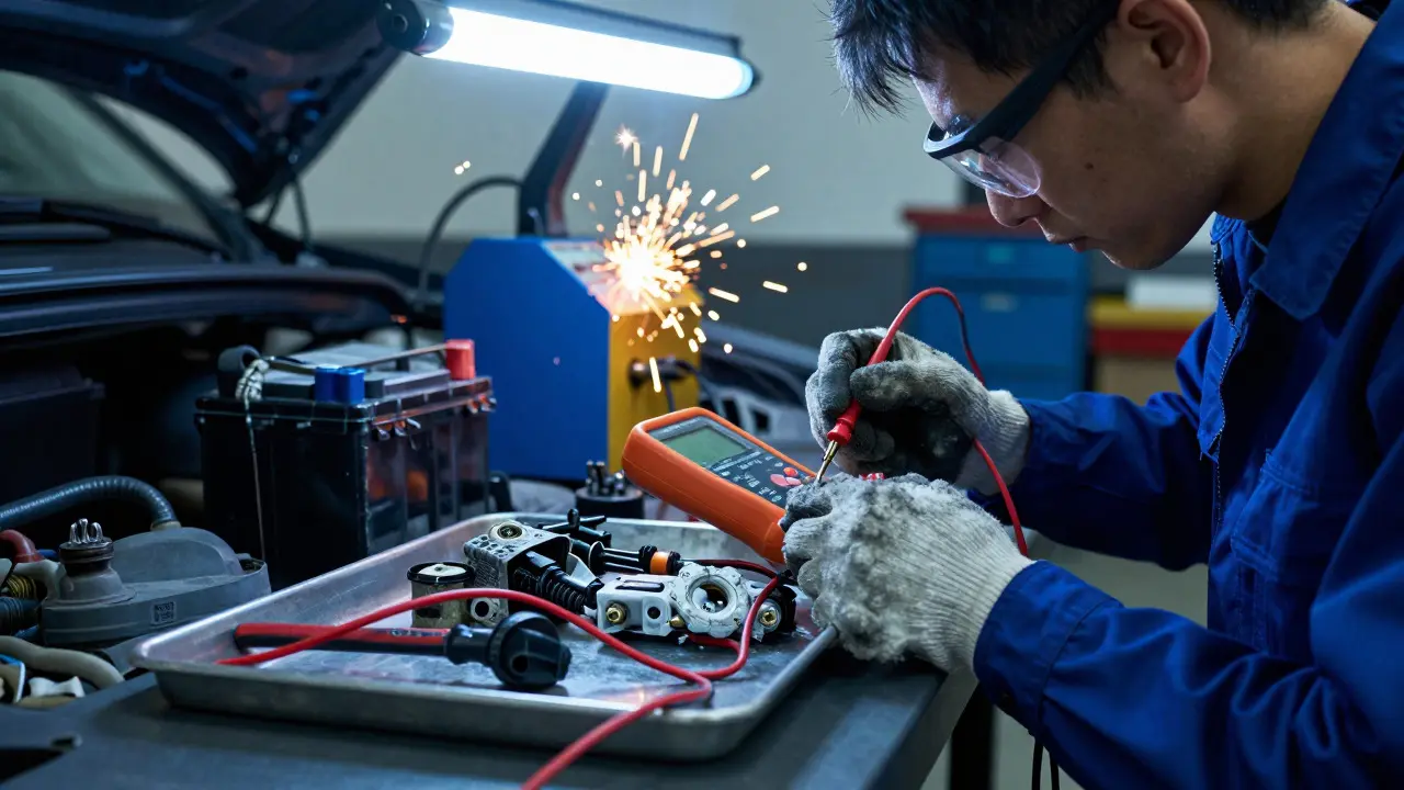 Mechanic testing a corroded car battery terminal with a multimeter in a shop