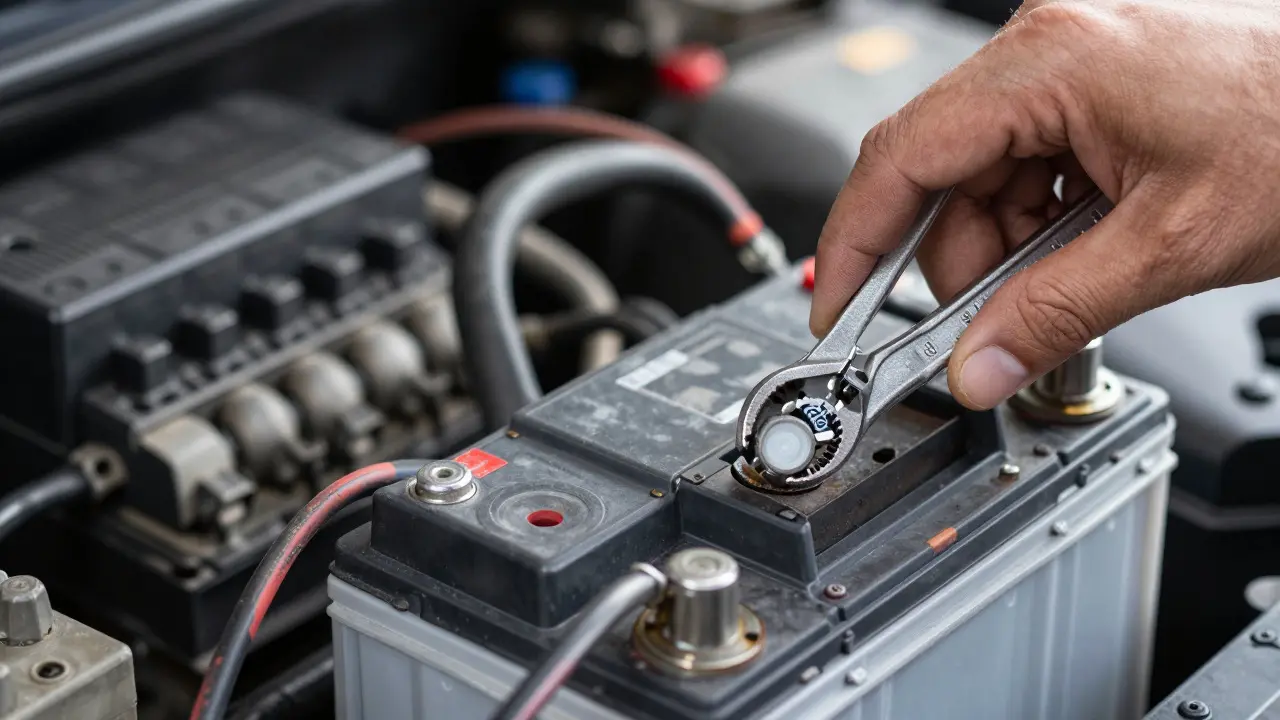 Mechanic tightening battery terminals and checking fuse box connections