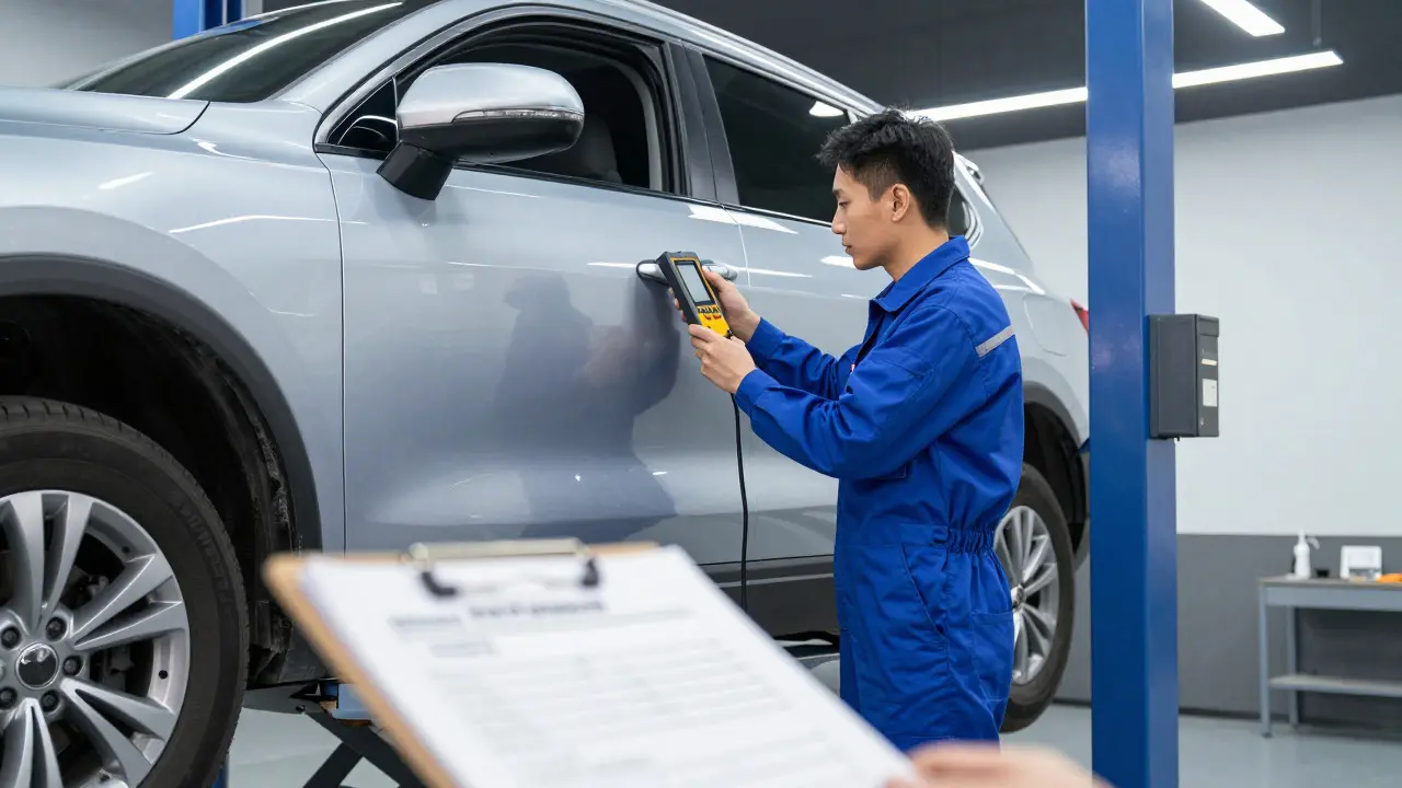 Mechanic using a gauge to measure paint thickness on a lifted car at a dealer