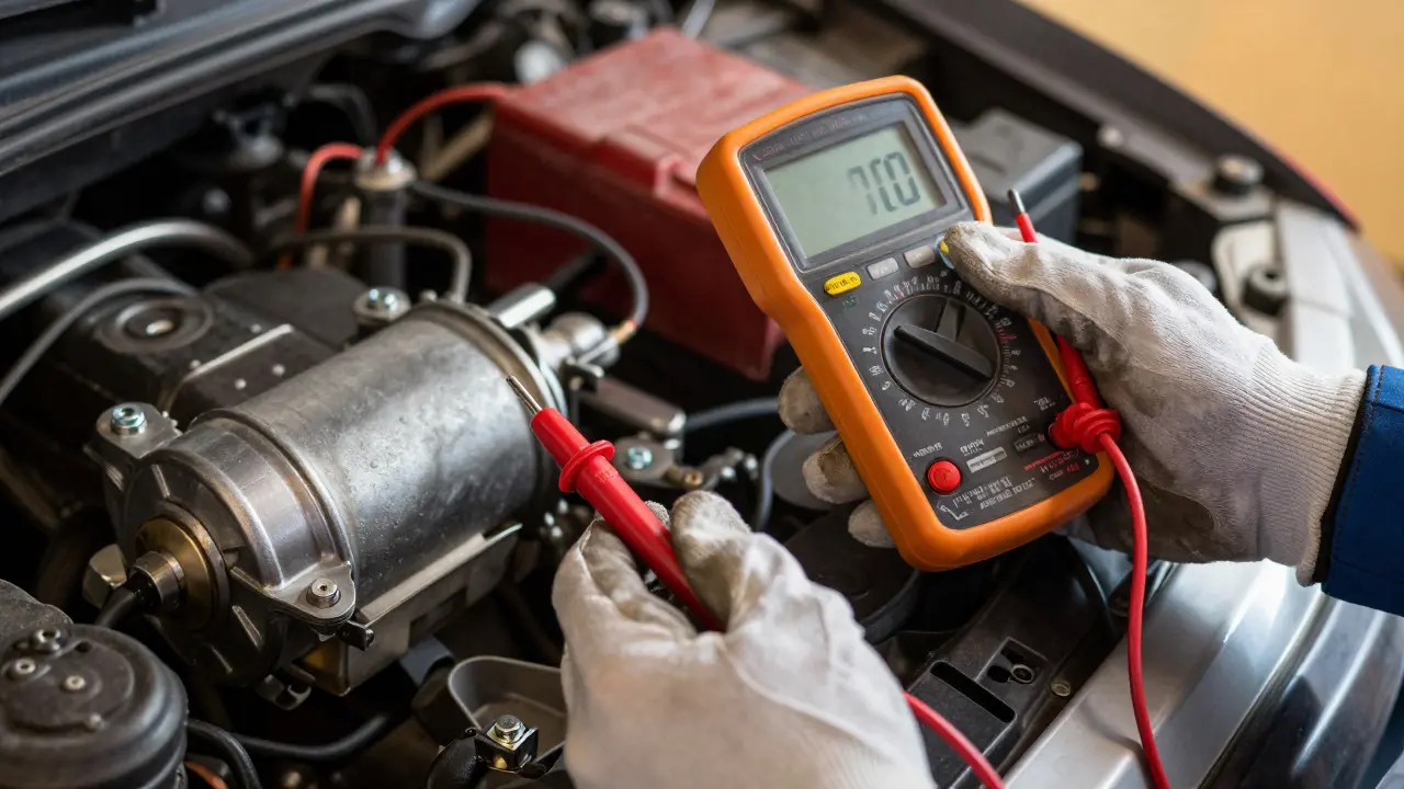 Mechanic using a multimeter to test voltage drop on starter motor
