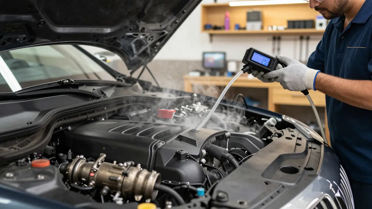 Mechanic using a smoke machine to diagnose a vacuum leak in a luxury car engine