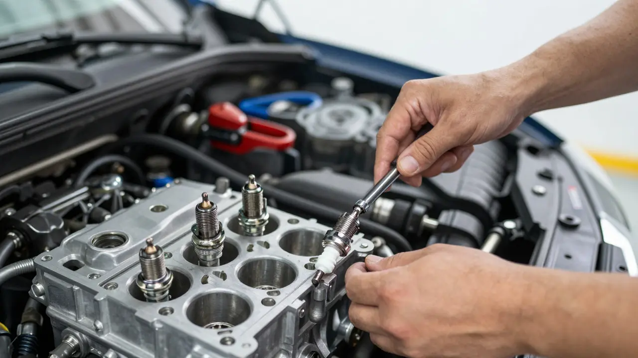Mechanic using a torque wrench to install a new spark plug into an engine