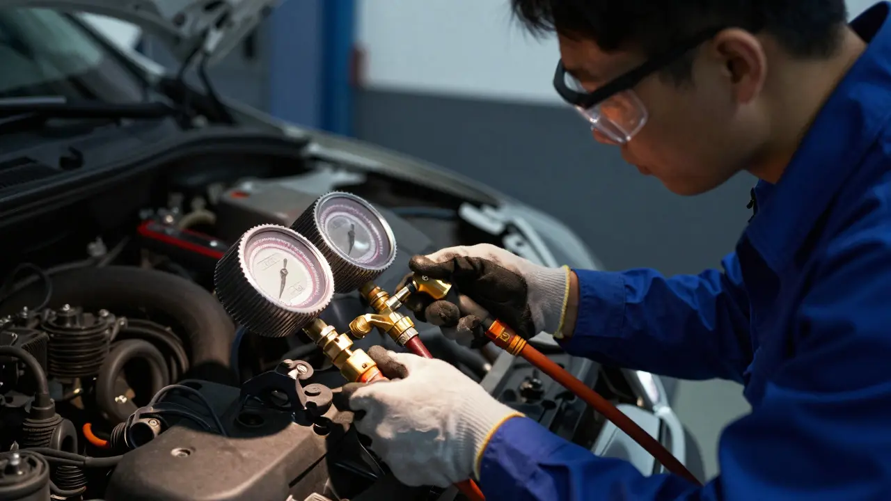Mechanic using digital gauges to check car AC system pressure
