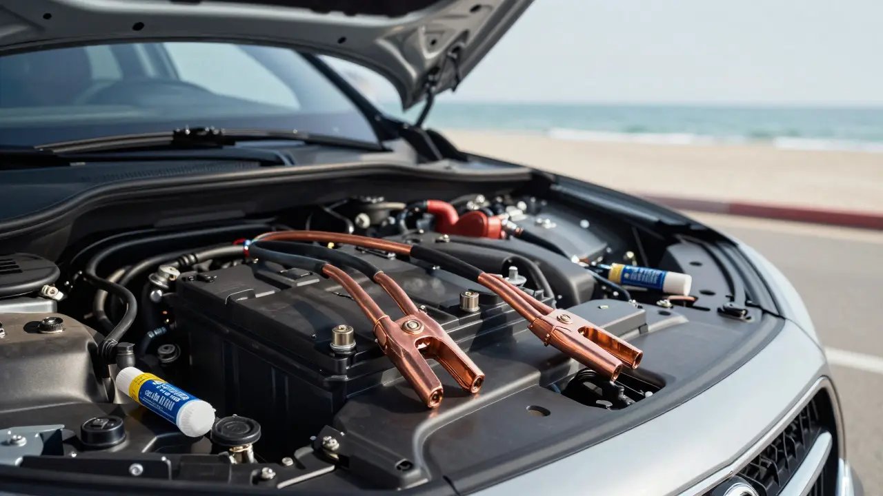 New battery cables installed in a car engine bay with cleaning supplies