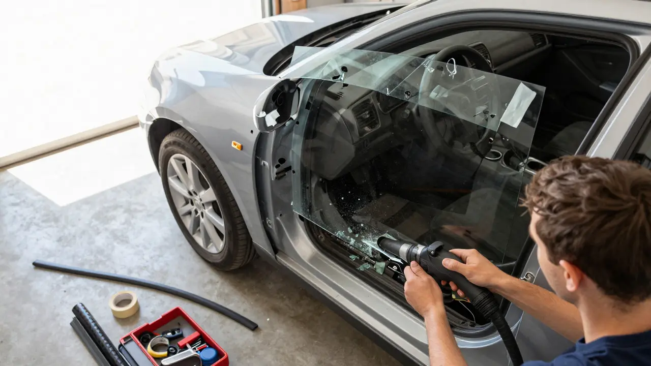 Person vacuuming broken glass shards from a car door channel during repair