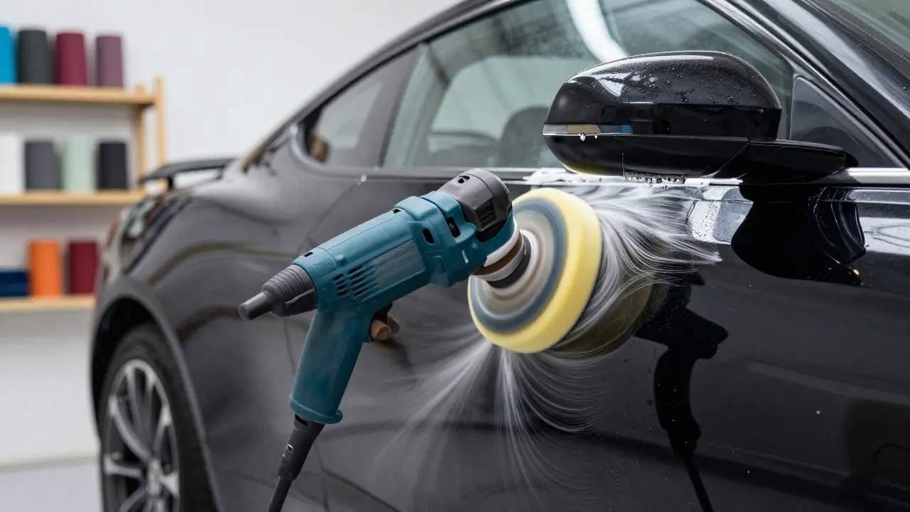 Polisher applying compound to a black car door in a garage