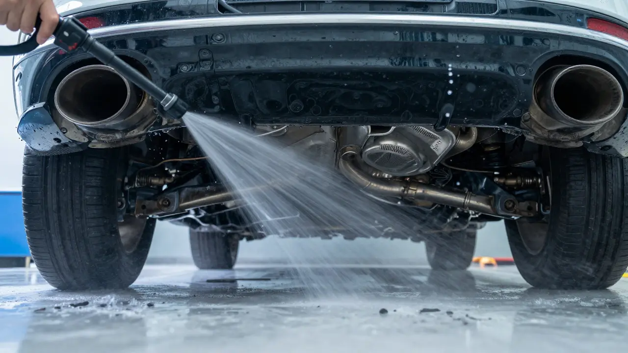 Pressure washer spraying water on a car's exhaust and frame during cleaning