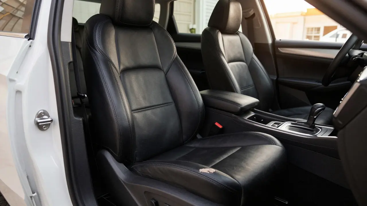 Restored black leather car seat in a sunlit garage interior