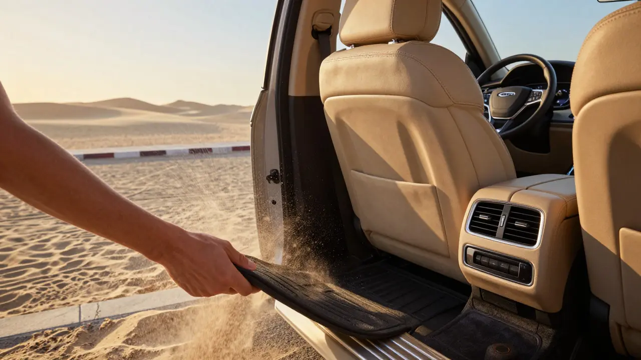 Shaking sand off a rubber mat next to a clean, sunlit car interior