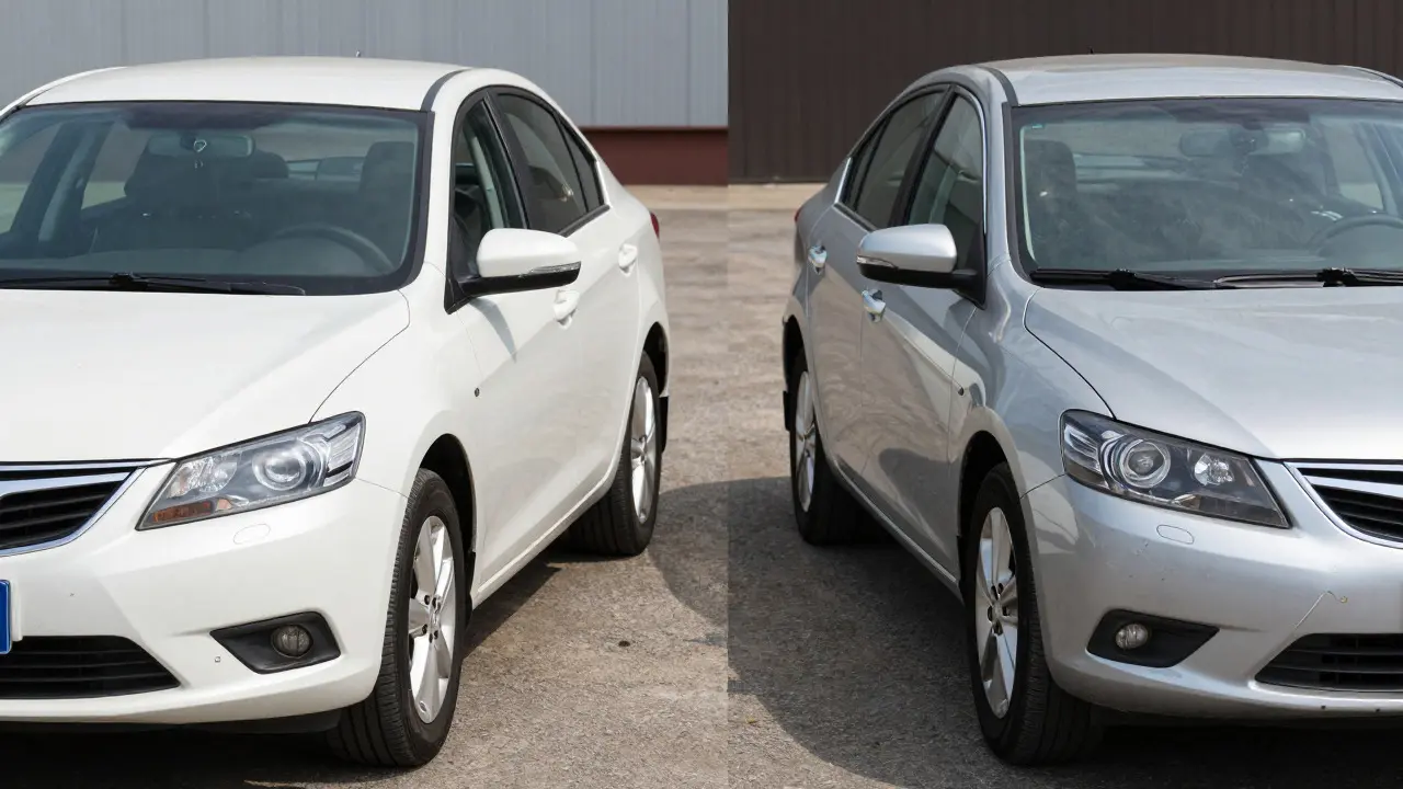 Side-by-side comparison of a clean and a worn used car