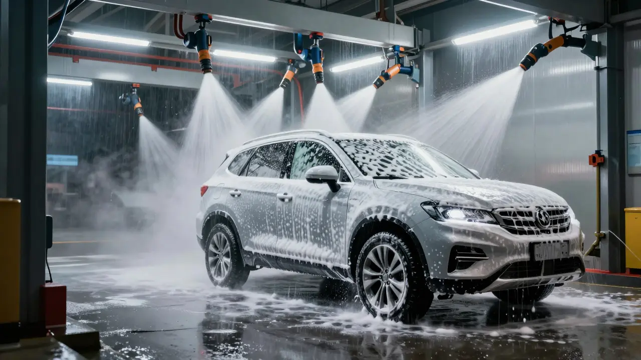 Silver SUV covered in foam inside an automatic car wash tunnel