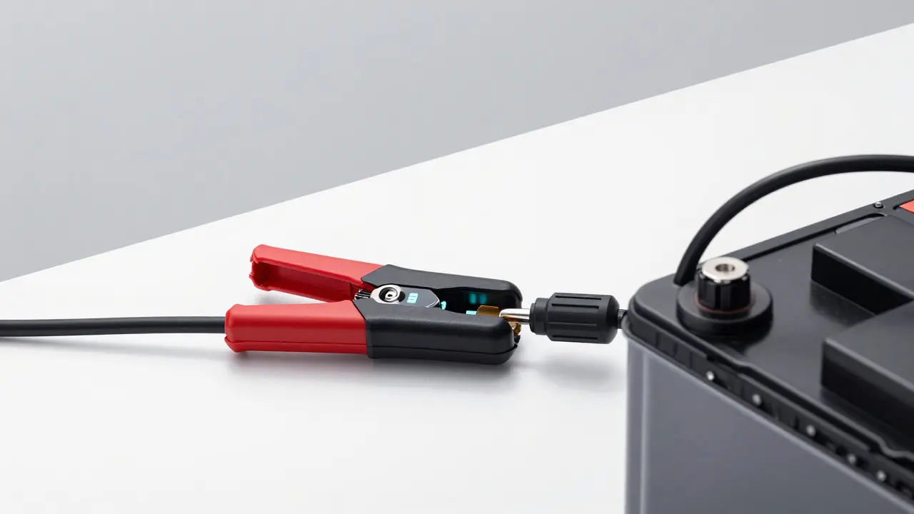 Smart battery charger connected to a car battery with red and black clamps on a white surface