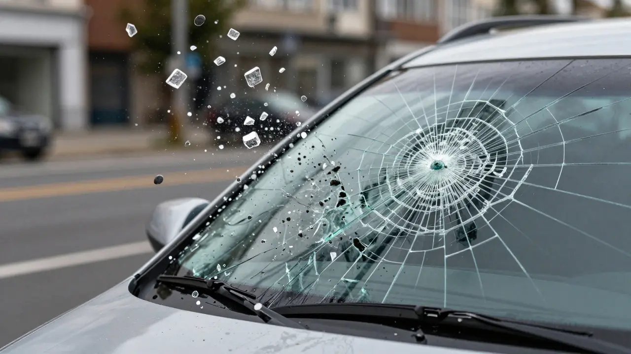 Split image showing a tempered side window shattering into small cubes versus a laminated windshield holding together with cracks.