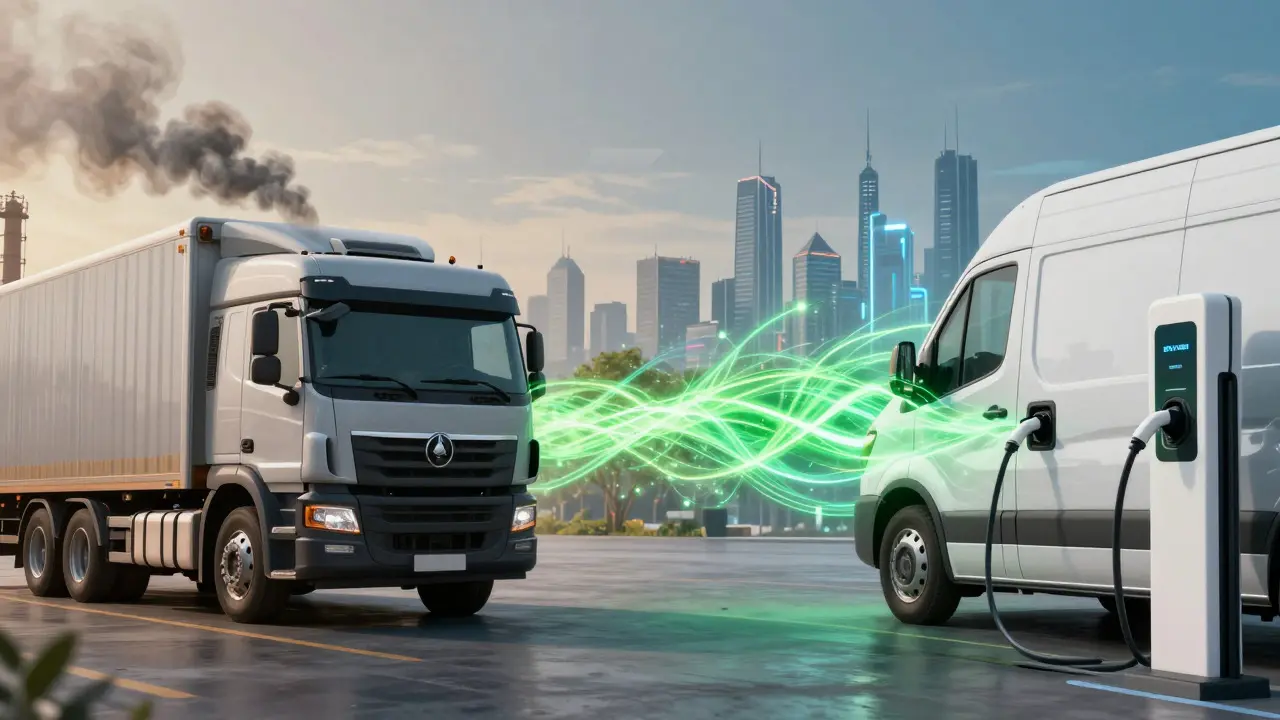 Split view comparing a diesel truck and an electric van charging